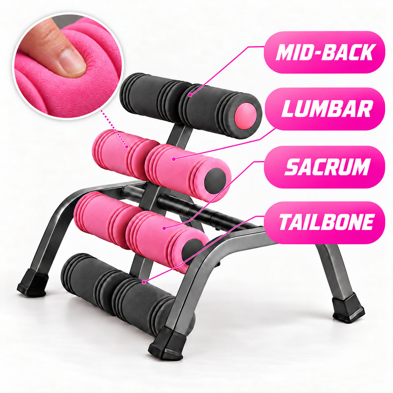 Stretch+ Blush — 8 rollers mapped to mid-back, lumbar, sacrum and tailbone, with soft foam close-up