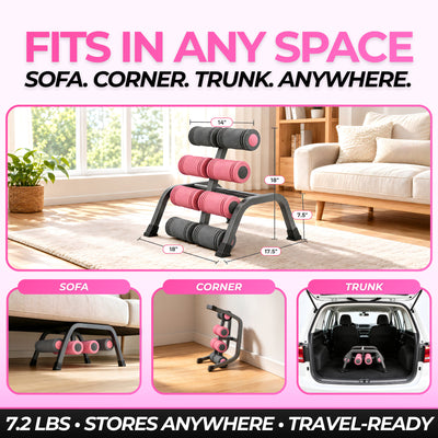 Stretch+ measures 18 x 17.5 x 18 inches and weighs 7.2 lbs; stores under a sofa, in a corner or in a car trunk