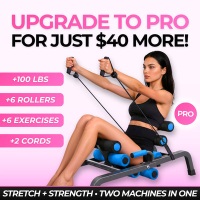 Stretch+ Pro rowing with resistance cords: upgrade to Pro for $40 more for +100 lbs, +6 rollers, +6 exercises and +2 cords